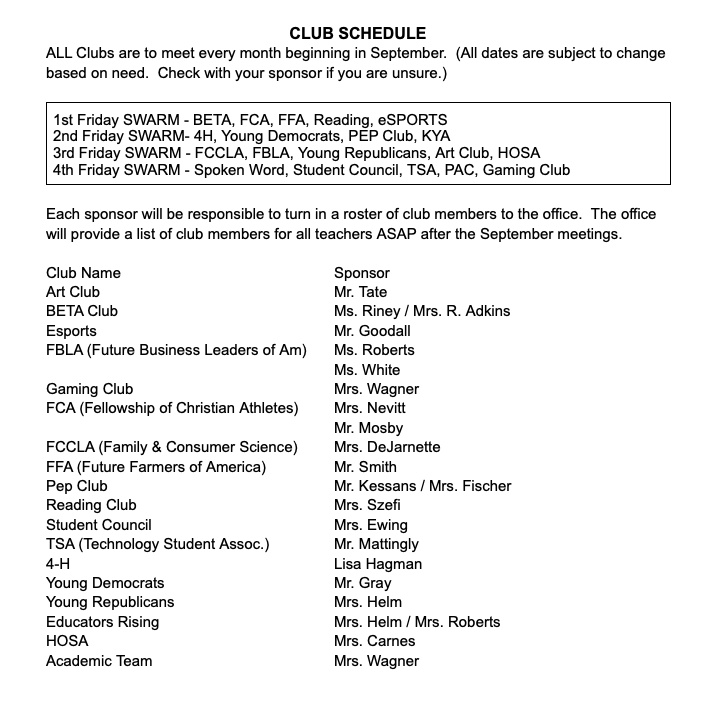 clubs schedule 
